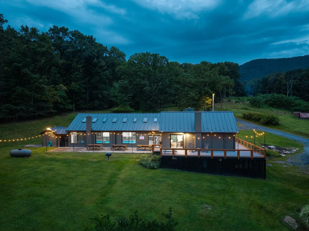 Aerial view of The Onyx at Luray lit up at dusk