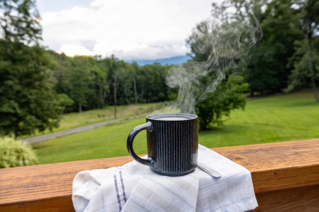 Morning coffee on the deck overlooking the mountains