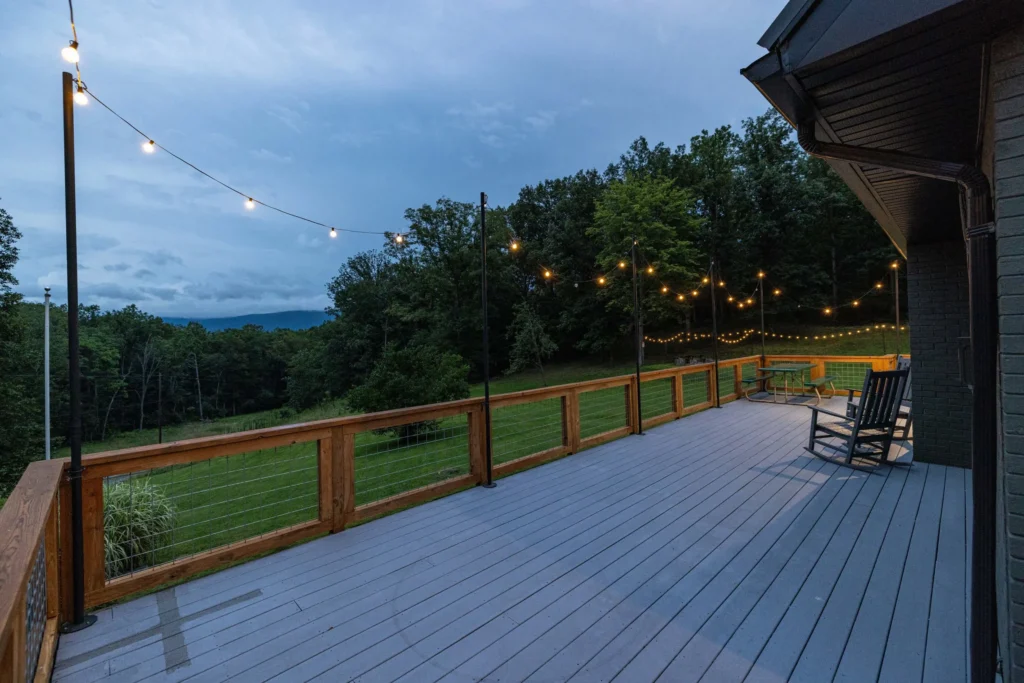 Deck with string lights and mountain view