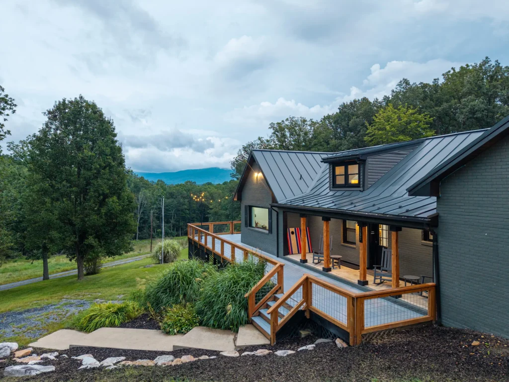 Side deck and exterior of The Onyx at Luray with mountain views